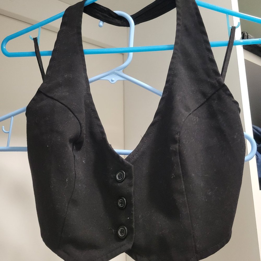 Black Cropped Halter Button Up Vest Top